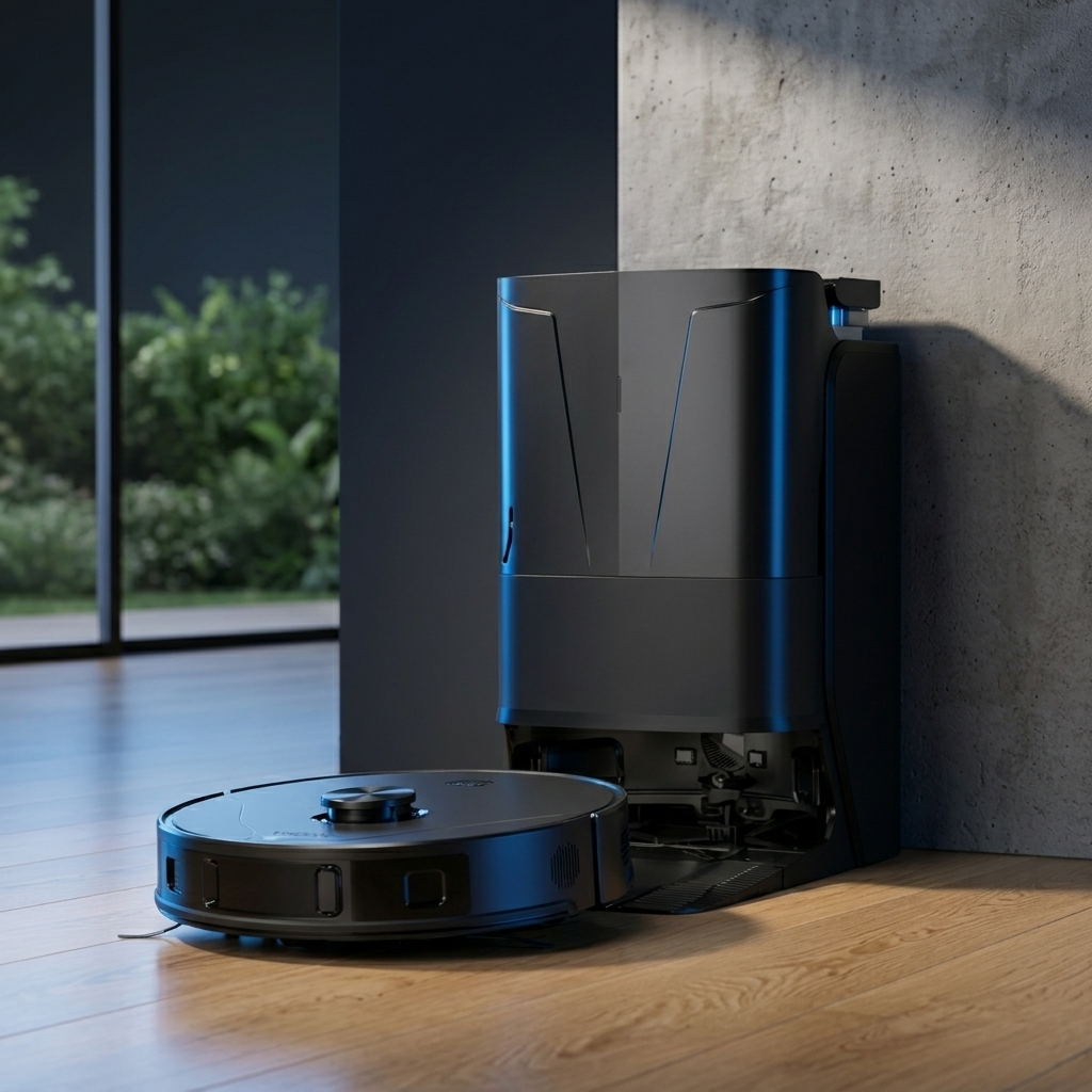 NEXORA R11 Ultra robot docked to its auto-empty station in a modern living room