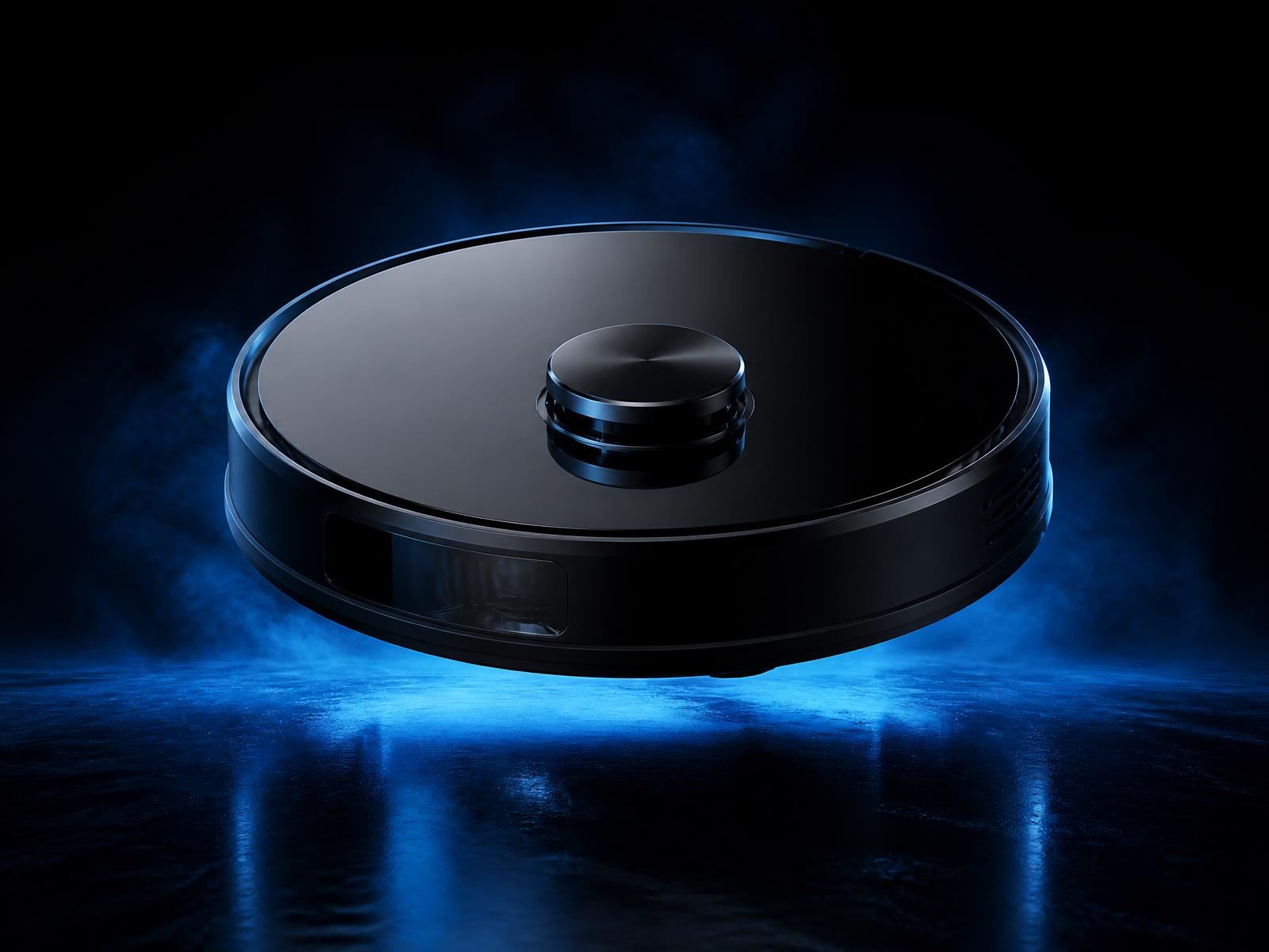 NEXORA R11 Ultra robot vacuum lit by electric blue studio light